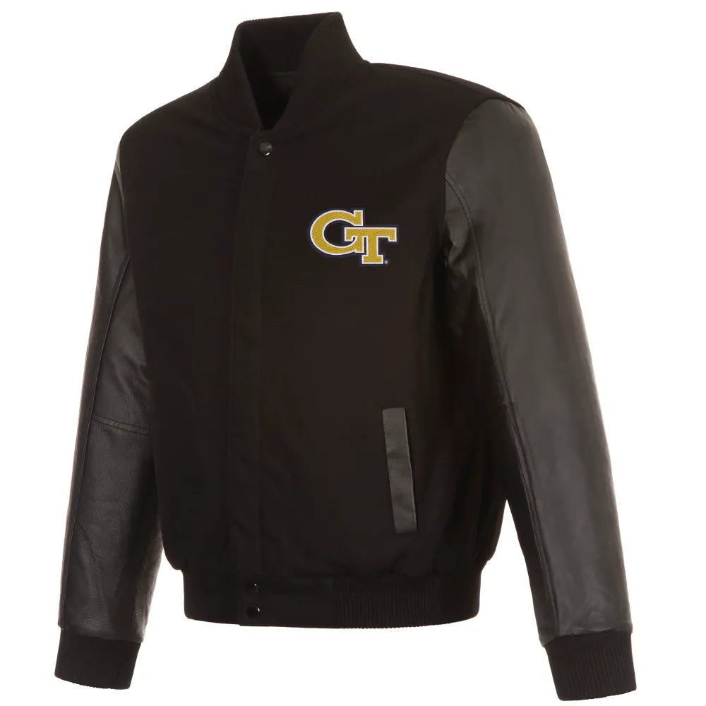 Georgia Tech Yellow Jackets One Color Black Wool & Leather Varsity Jacket