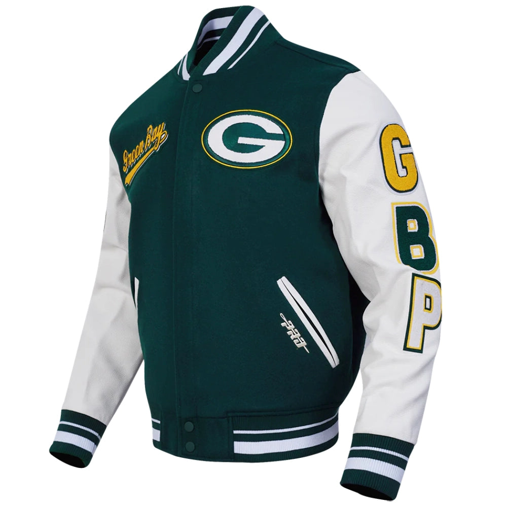 Green Bay Packers Script Tail Green/White Varsity Jacket