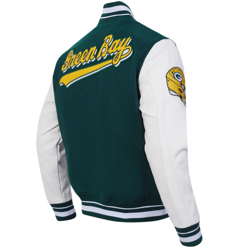 Green Bay Packers Script Tail Green/White Varsity Jacket