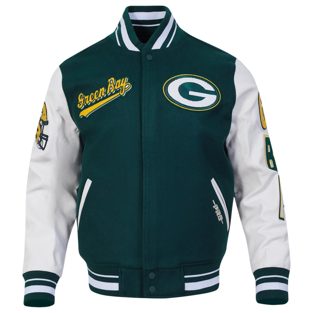 Green Bay Packers Script Tail Green/White Varsity Jacket