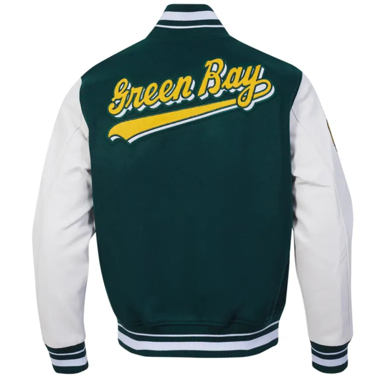Green Bay Packers Script Tail Green/White Varsity Jacket