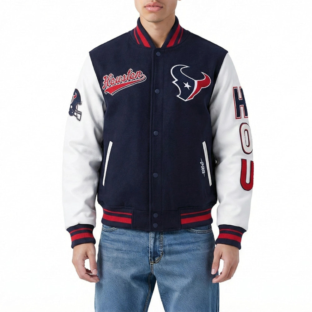 Houston Texans Script Tail Navy/White Varsity Jacket