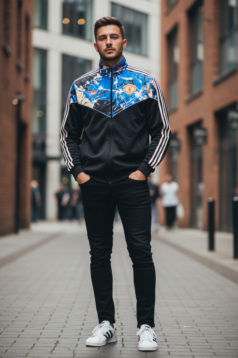 Male model wearing Man United x Adidas Stone Roses Jacket
