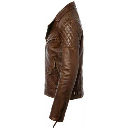Men's Distressed Brown Genuine Leather Cafe Racer Biker Jacket