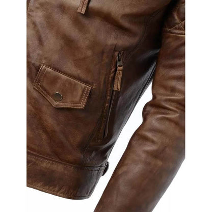 Men's Distressed Brown Genuine Leather Cafe Racer Biker Jacket
