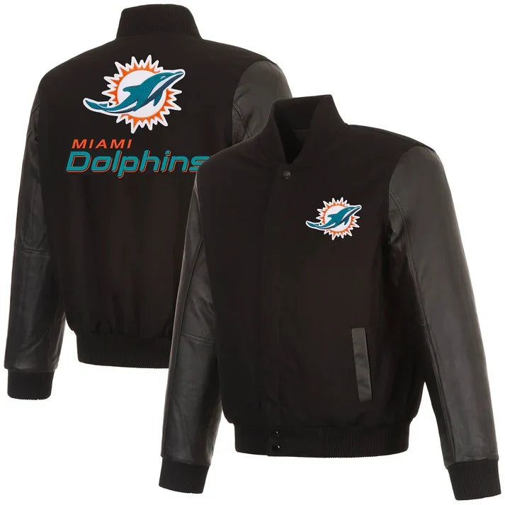 Miami Dolphins Black Wool/Leather Varsity Jacket