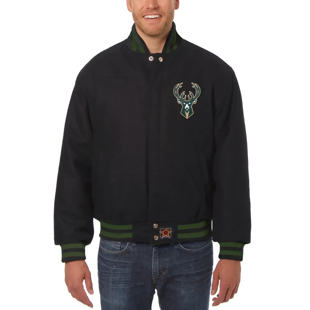 Milwaukee Bucks Logo One Color Black Wool Varsity Jacket