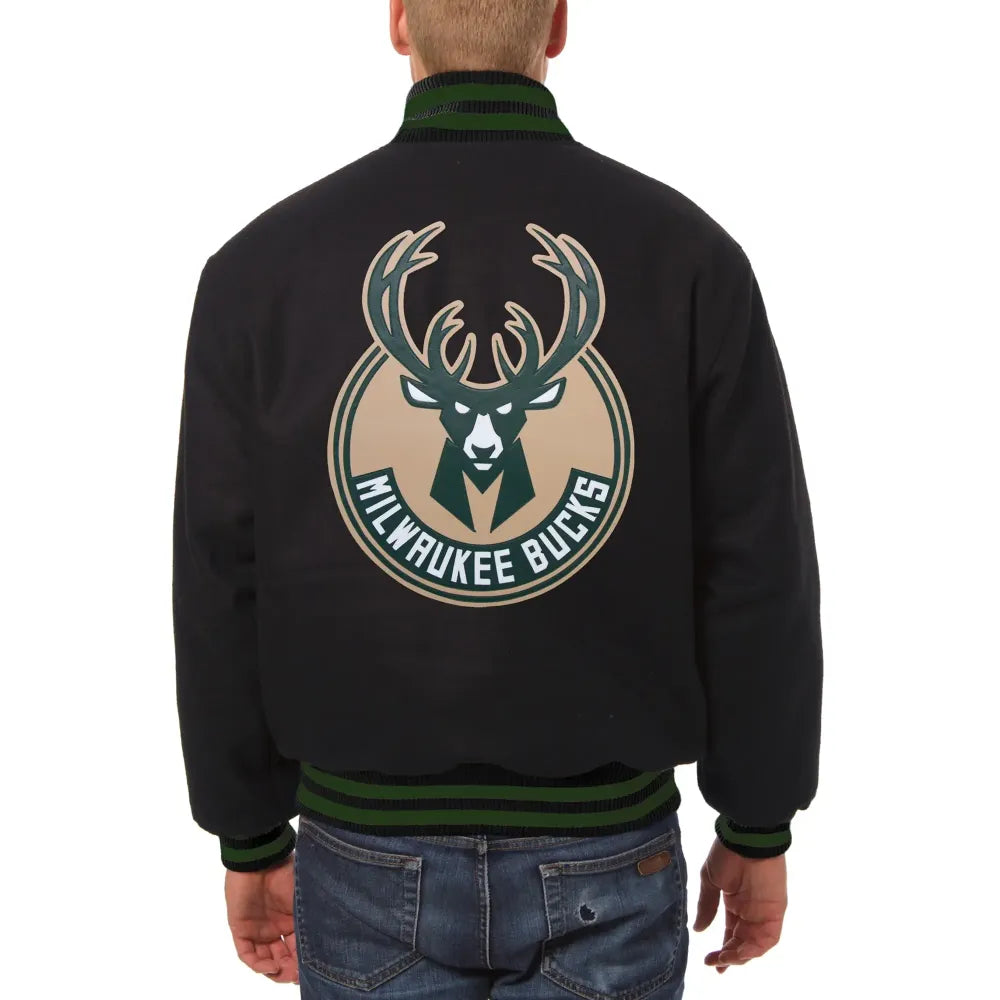 Milwaukee Bucks Logo One Color Black Wool Varsity Jacket