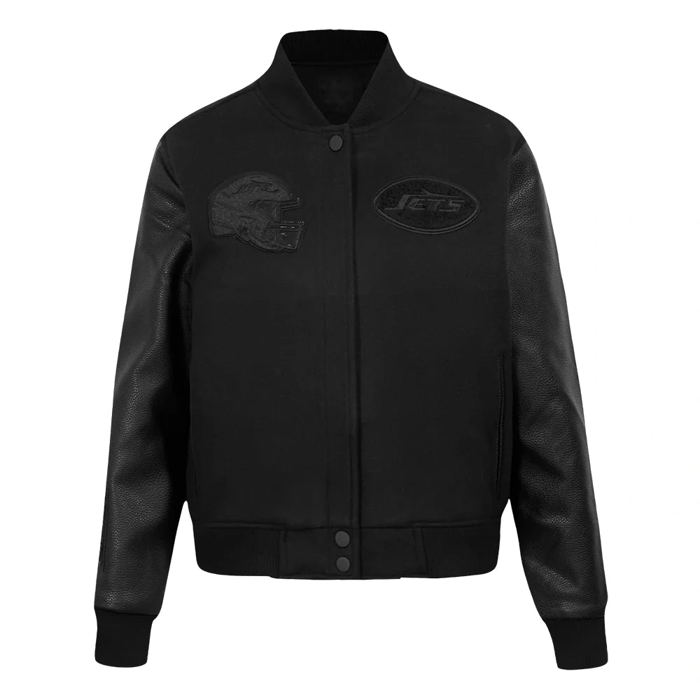 New York Jets Women’s Triple Black Wool/Leather Varsity Jacket
