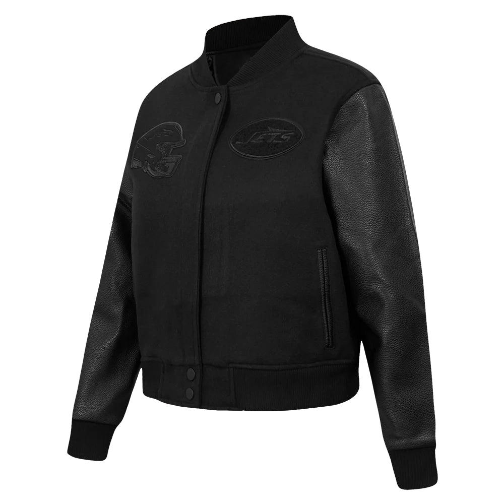 New York Jets Women’s Triple Black Wool/Leather Varsity Jacket