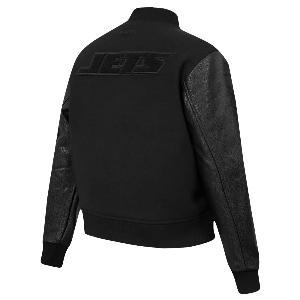 New York Jets Women’s Triple Black Wool/Leather Varsity Jacket