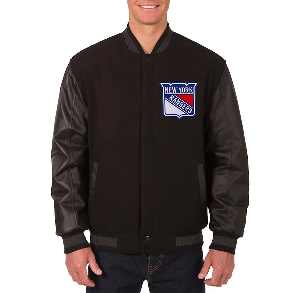 New York Rangers One Color Brown Wool & Leather Varsity Jacket