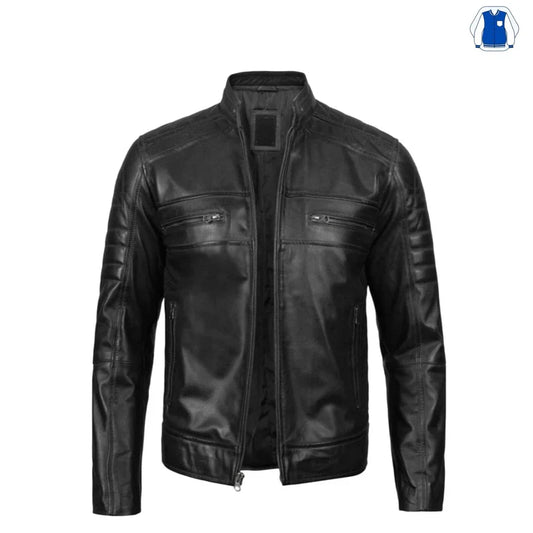 Black leather jacket on a white background