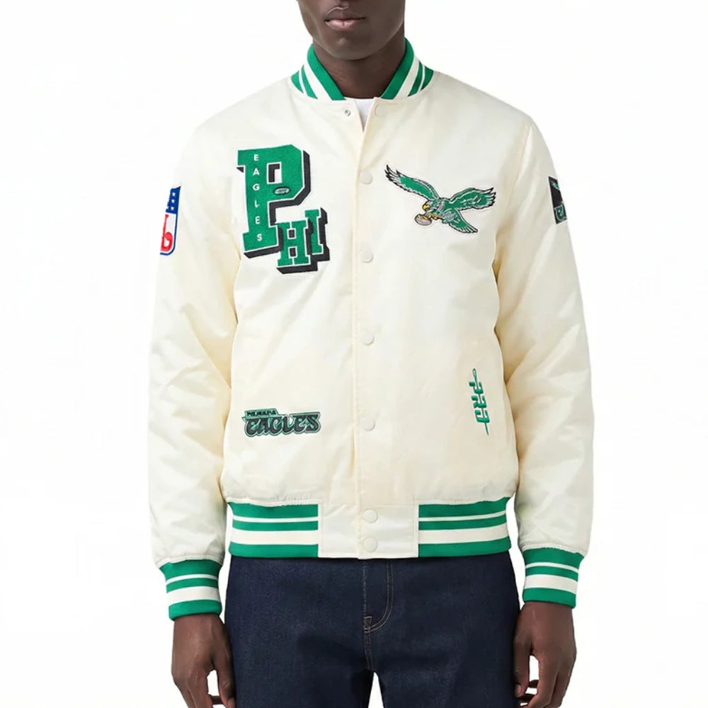 Philadelphia Eagles Best Of Cream Satin Varsity Jacket