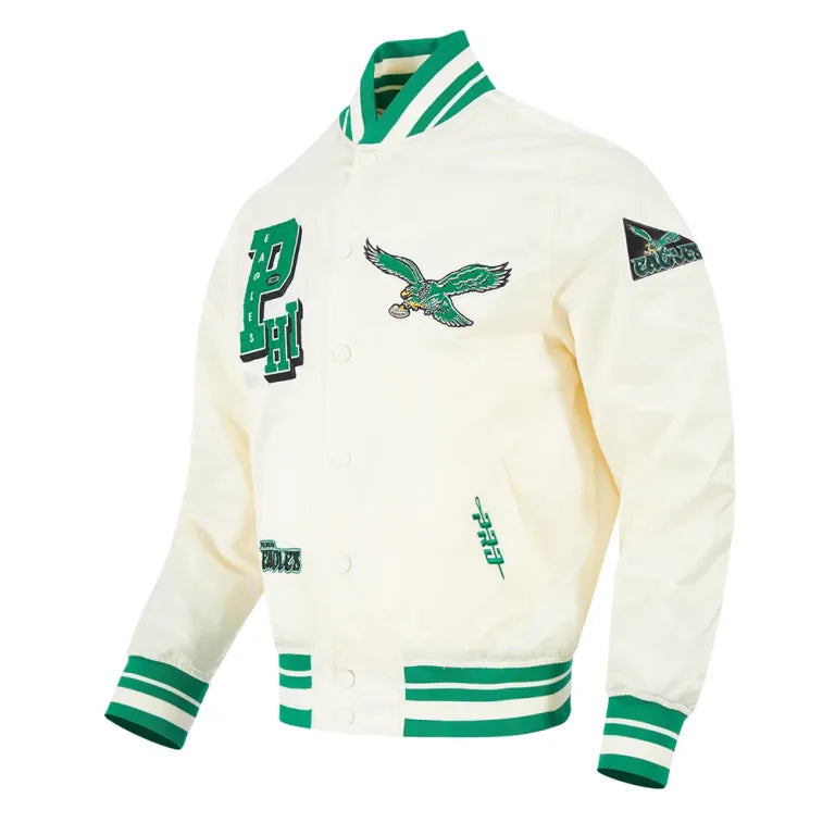 Philadelphia Eagles Best Of Cream Satin Varsity Jacket