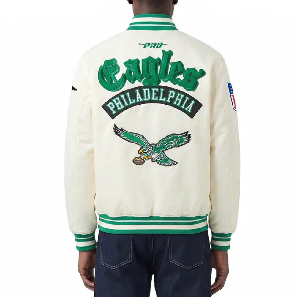 Philadelphia Eagles Best Of Cream Satin Varsity Jacket