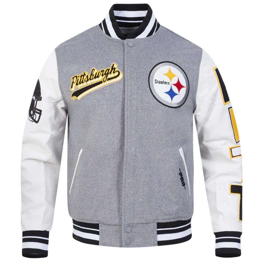 Pittsburgh Steelers Script Tail Grey/White Varsity Jacket