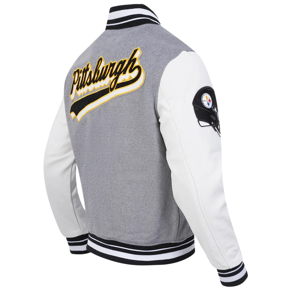 Pittsburgh Steelers Script Tail Grey/White Varsity Jacket