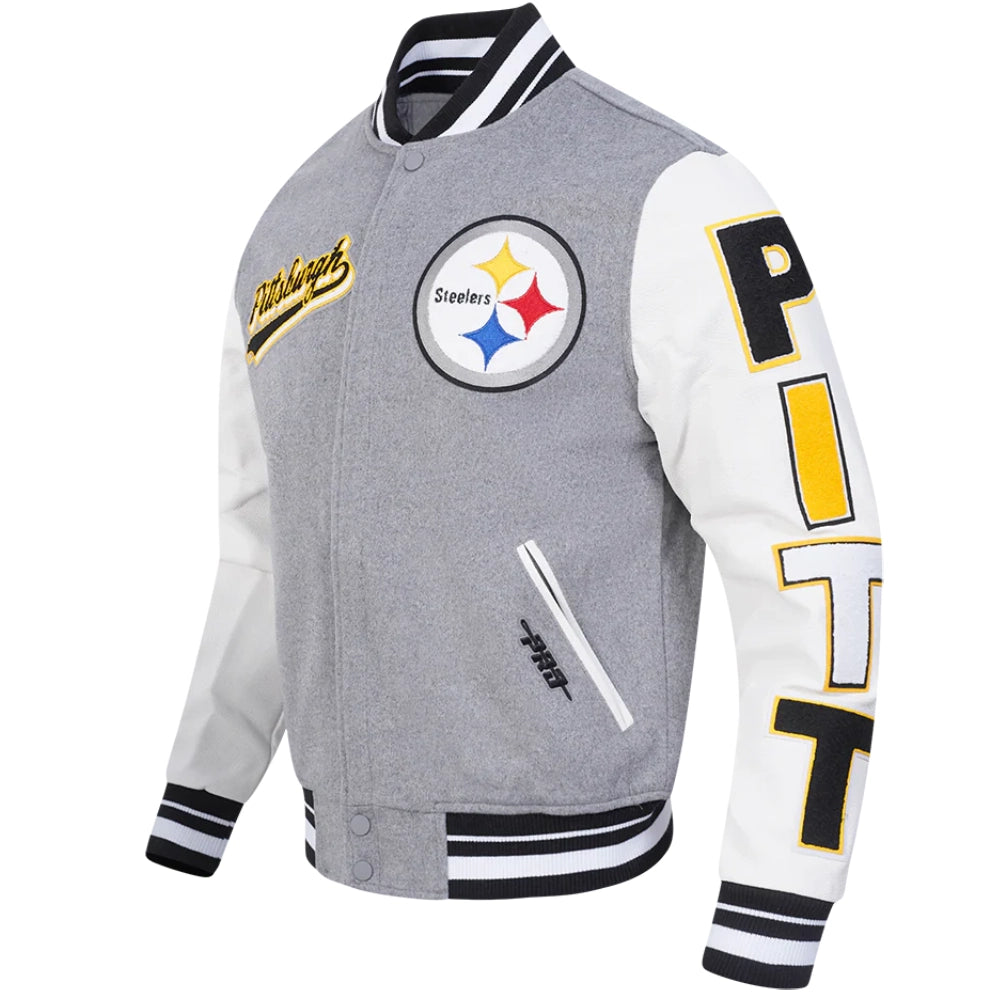 Pittsburgh Steelers Script Tail Grey/White Varsity Jacket
