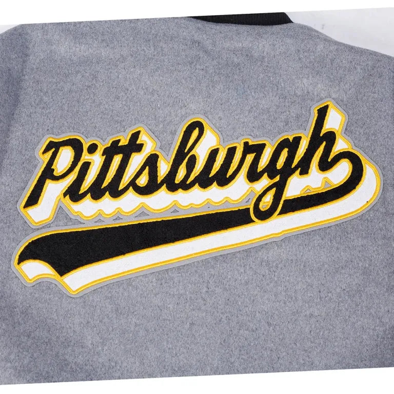 Pittsburgh Steelers Script Tail Grey/White Varsity Jacket