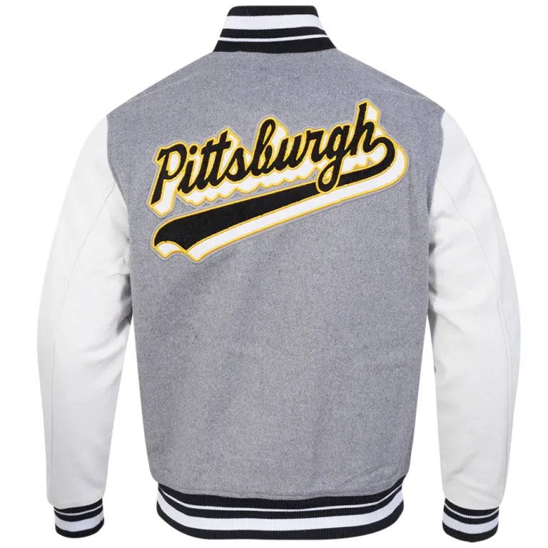 Pittsburgh Steelers Script Tail Grey/White Varsity Jacket