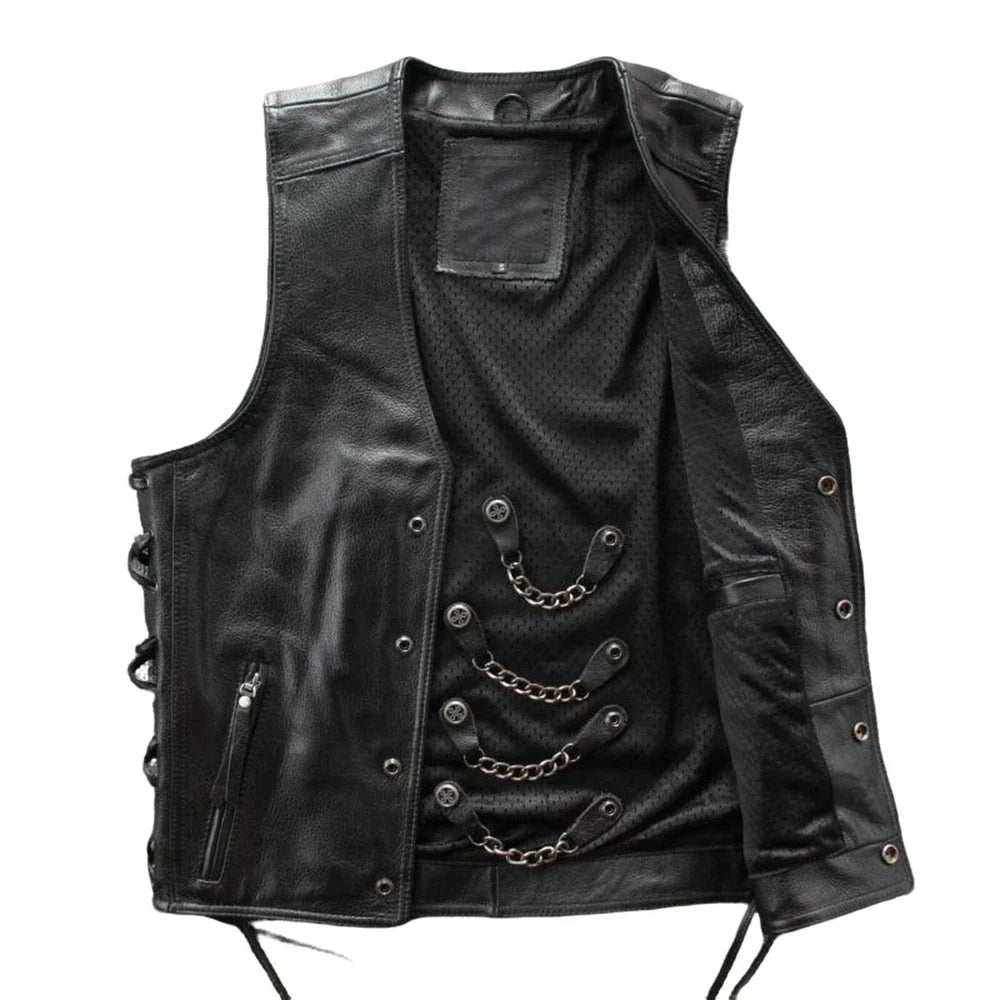 100% Genuine Men's Real Leather Bikers Vest With Chains | Bikers Leather Vest