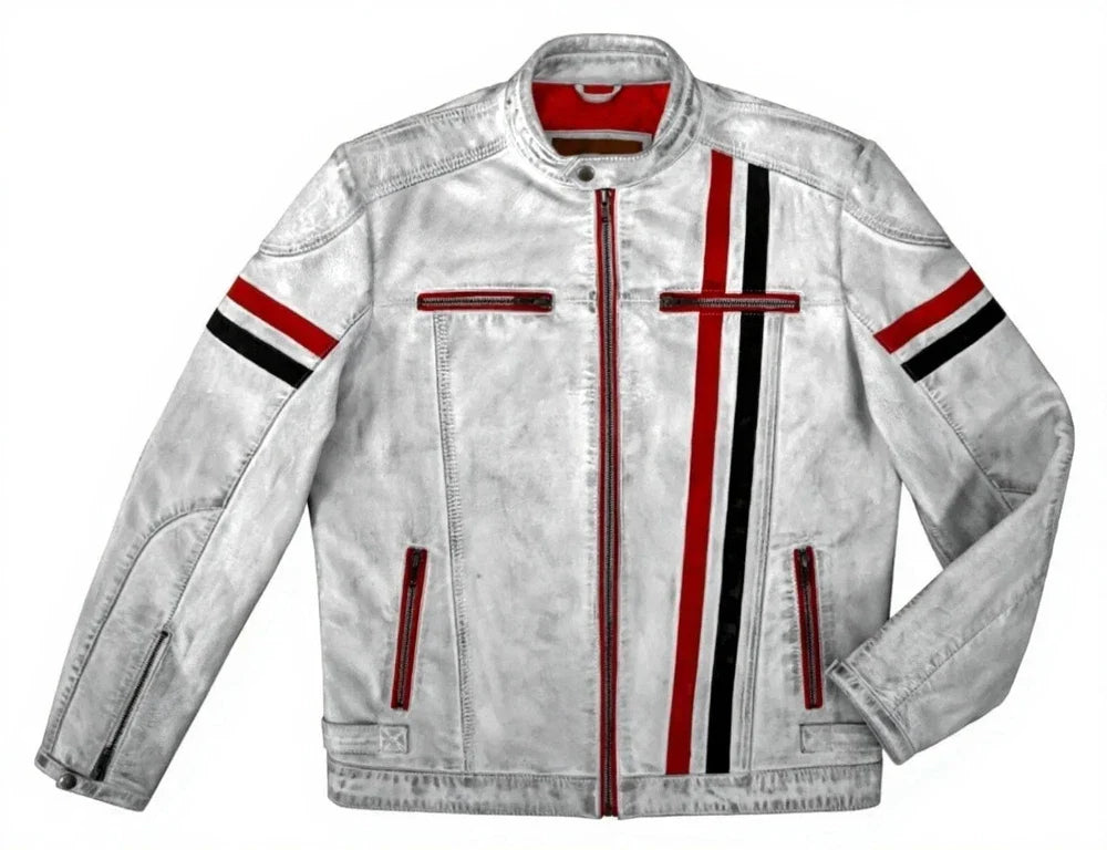 Mens Cafe Racer Vintage White Biker Red Black Stripes Real Leather Jacket 5033