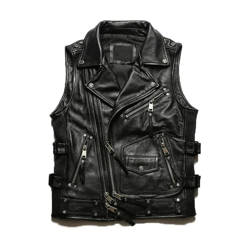 Black/Brown Genuine Biker Leather Vest | Mens 100% Genuine Leather Biker Vest