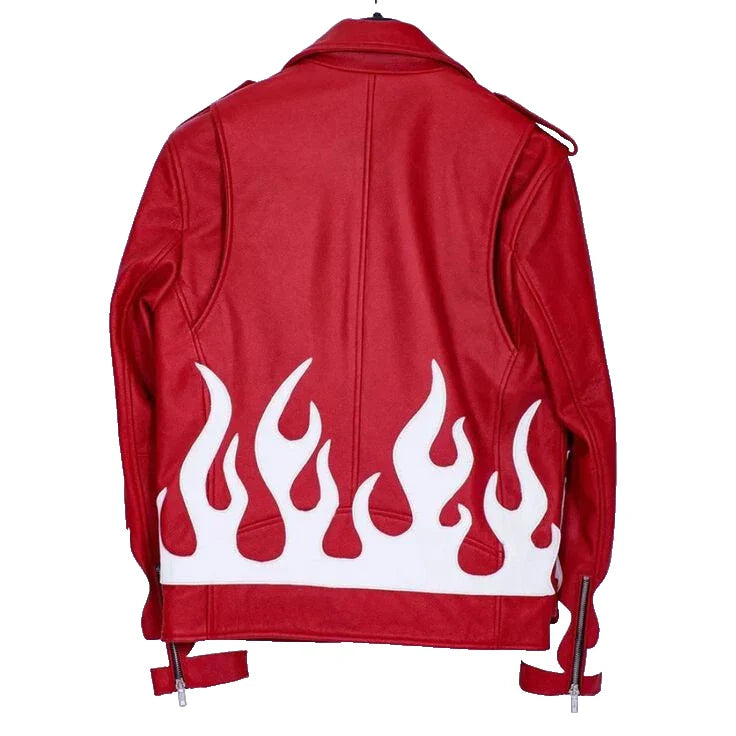 Red Cowhide Leather Jacket Men's | Belted Collar Moto Biker Coat | Flame Design