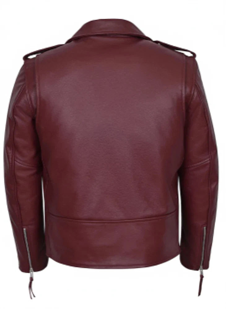 Men's Real Leather Jacket Cherry Red Biker Style COWHIDE LEATHER