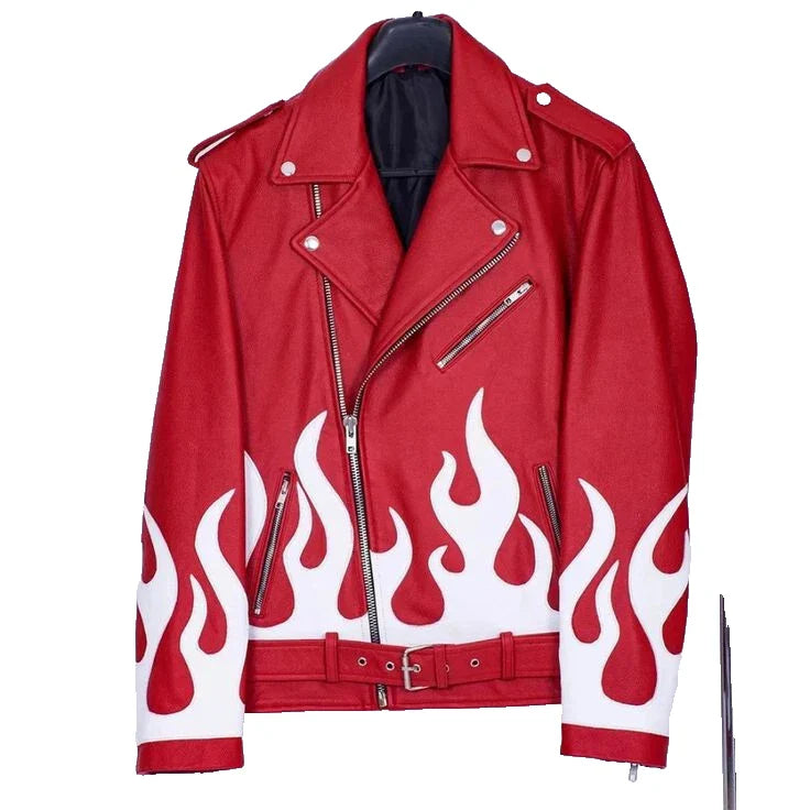 Red Cowhide Leather Jacket Men's | Belted Collar Moto Biker Coat | Flame Design