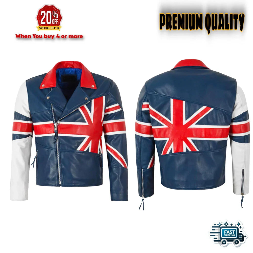 Men's Cowhide Leather Biker Jacket – British Flag Edition - Ykk Zip - BEST SELL