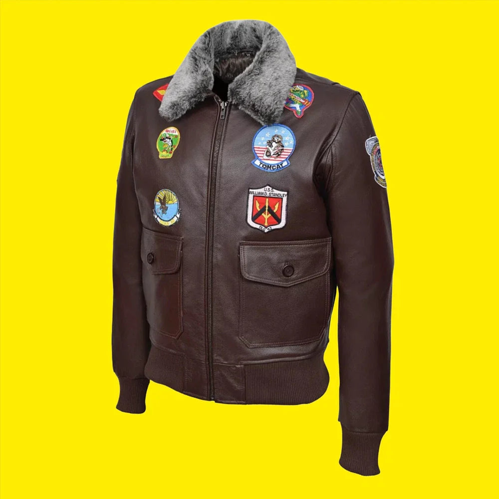 Men's G1 Bomber Leather Aviator Pilot Cowhide Brown Soft Leather Jacket -TOP GUN