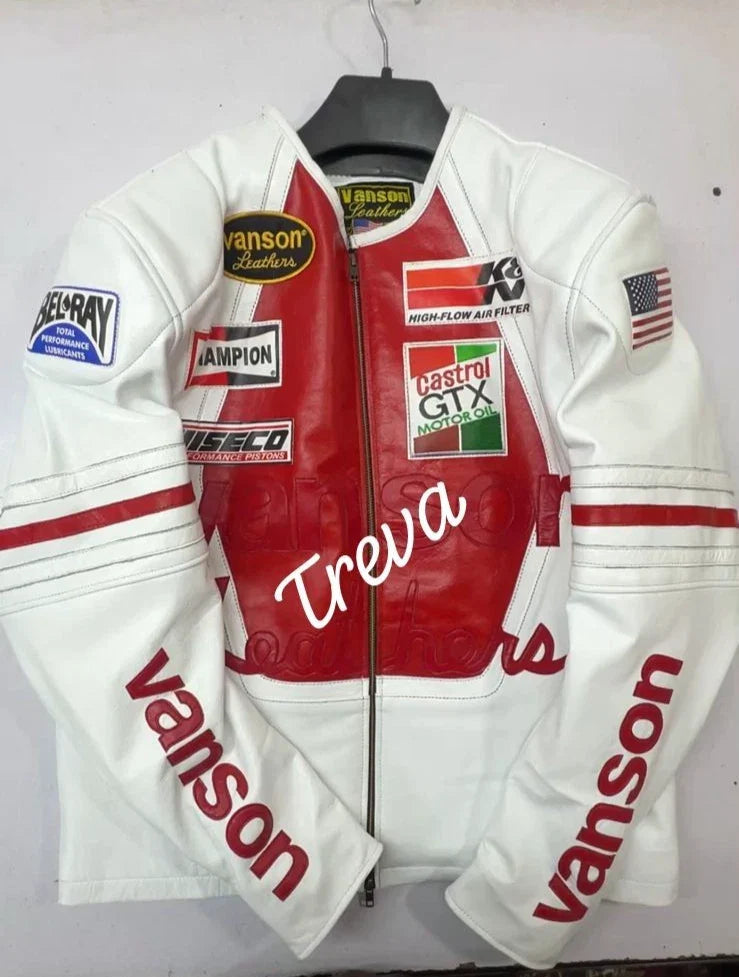 Handmade Vintage Racing Motorcycle Jacket – Red Star | White/Red Cowhide Leather