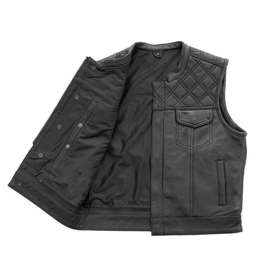 Men's Quilted Black Leather Motorbike Vest | Motorcycle Club Vest Diamond Stitch
