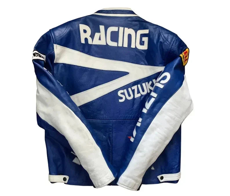 Blue & White Racing Style Leather Jacket |UNISEX| Motorcycle Biker Gear|Premium
