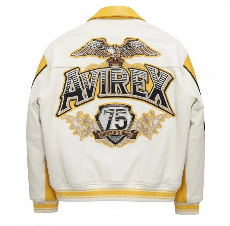 Handmade 75 Icon Racing Leather Jacket Yellow White Bomber Varsity Coat
