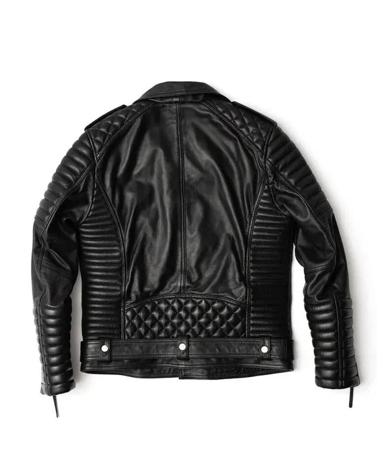 Quilted Slim Fit Motorcycle Biker Jacket Men's Black Genuine Sheepskin Leather