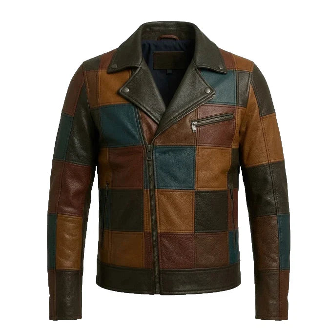 Men's Multi-Color Patchwork Leather Biker Jacket - Block Pattern Motorbike Coat