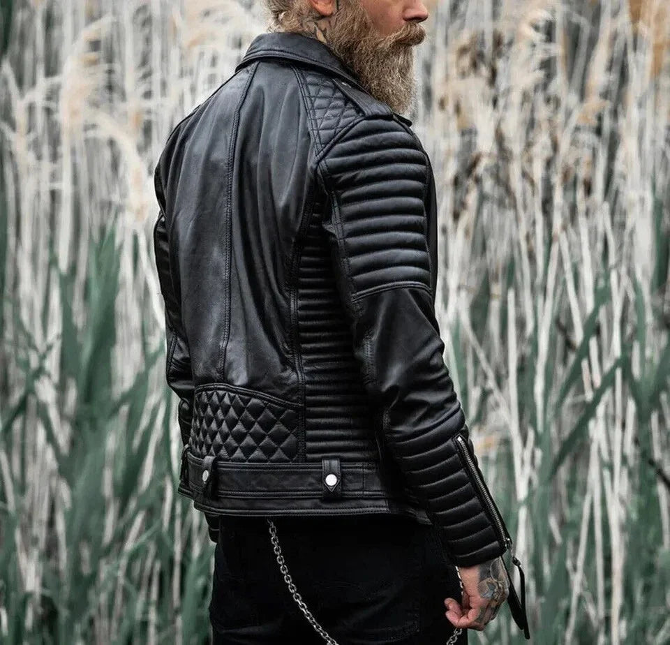 Quilted Slim Fit Motorcycle Biker Jacket Men's Black Genuine Sheepskin Leather