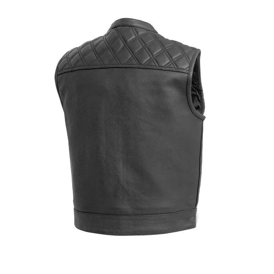 Men's Quilted Black Leather Motorbike Vest | Motorcycle Club Vest Diamond Stitch