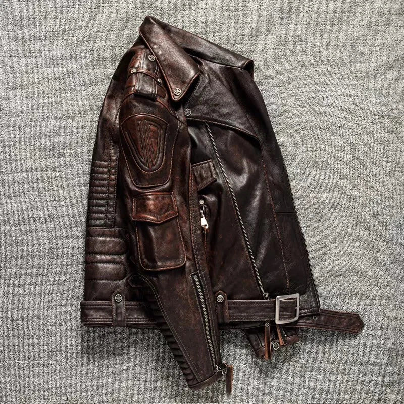 MEN'S GENUINE COWHIDE PREMIUM LEATHER MOTORCYCLE BIKER TOP LEATHER JACKET BROWN