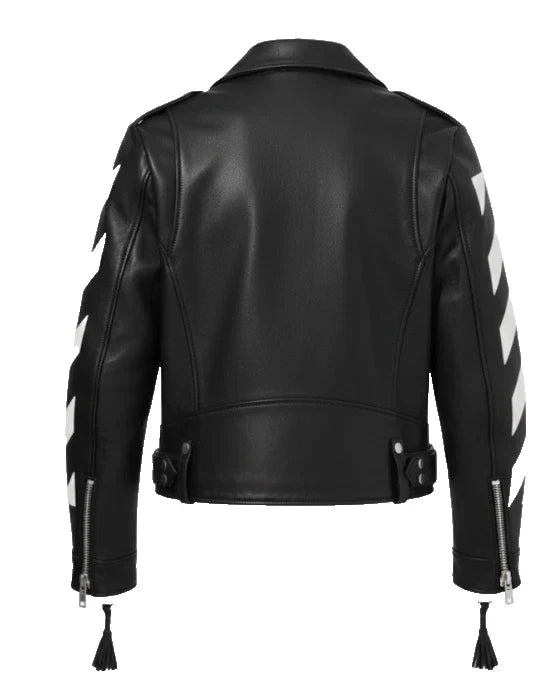 Off-White Style Leather Biker Jacket Black White Striped Moto Punk Rock