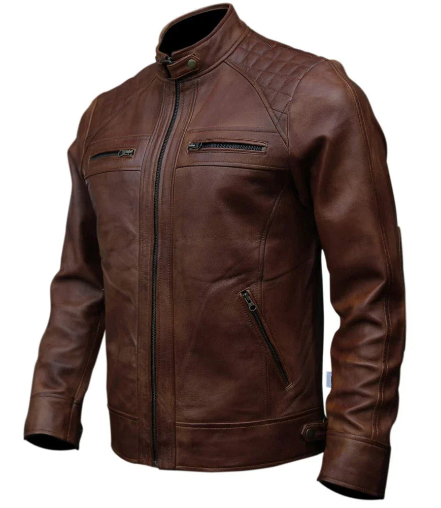 Café Racer Men Leather Jacket Black Brown Biker Genuine Sheep skin Leather