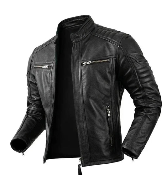 Men's Real Leather Antique Bikers Jacket Quilted Panels Cafe Racer Jacket/ Biker