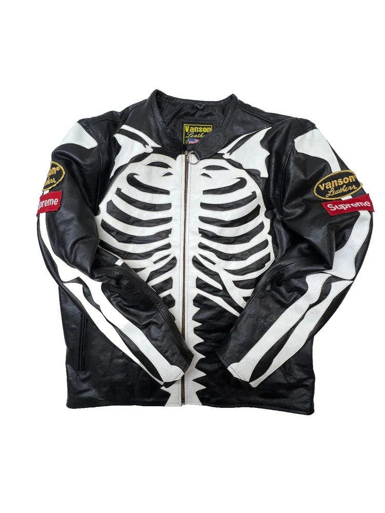 Skeleton Leather Jacket Men Handmade Real Cowhide Biker Gothic Punk Rock Style