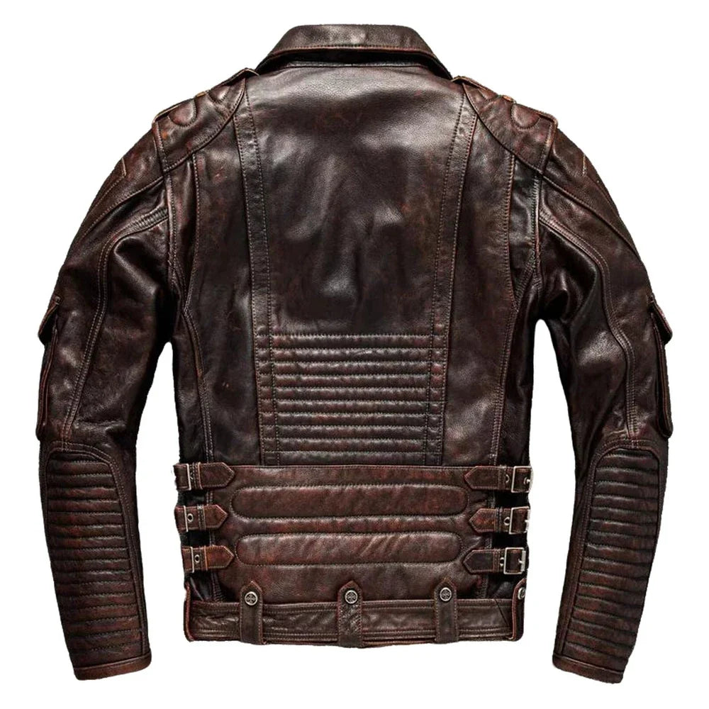 MEN'S GENUINE COWHIDE PREMIUM LEATHER MOTORCYCLE BIKER TOP LEATHER JACKET BROWN