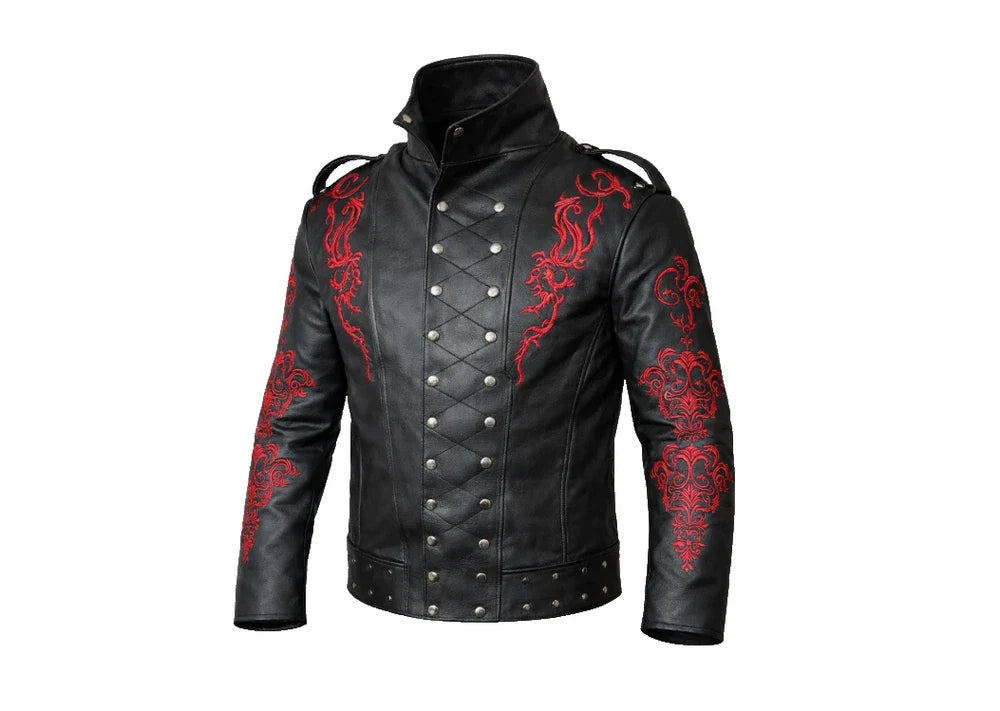 Premium Black Leather Jacket with Red Embroidery – Gothic Military Biker Jacket