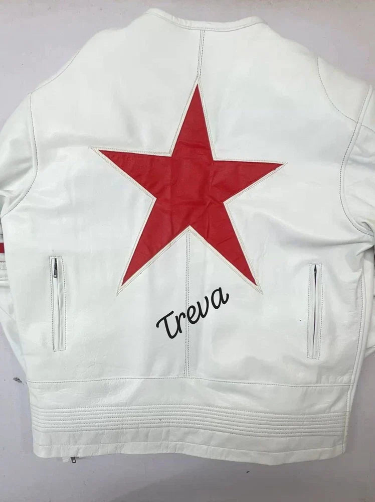 Handmade Vintage Racing Motorcycle Jacket – Red Star | White/Red Cowhide Leather