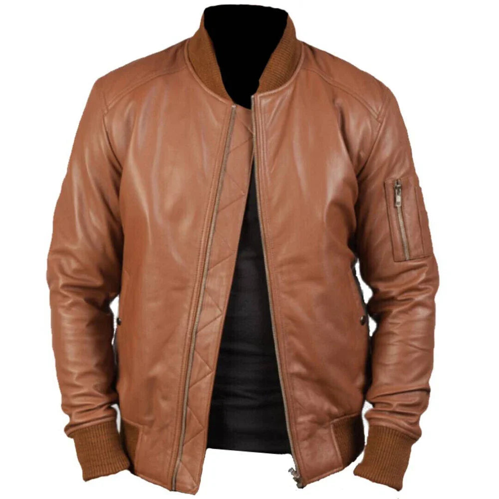 Men's Soft Leather Vintage Bomber Jacket Biker Style Black Fashion Jacket
